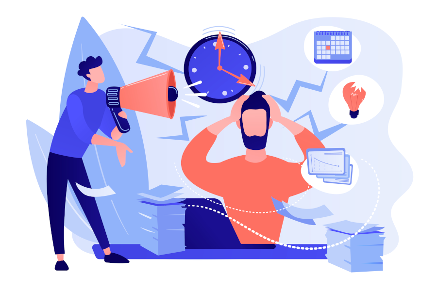 Grafik von zwei Personen in blau und rot gehalten. Die blau gekleidete Person in ein Megafon in Richtung der rot gekleideten Person. Über ihr hängt eine bedrohlich große Uhr. Um sie herum stehen Papierstapel. Die rot gekleidete Person hält sich die Hände an den Kopf.